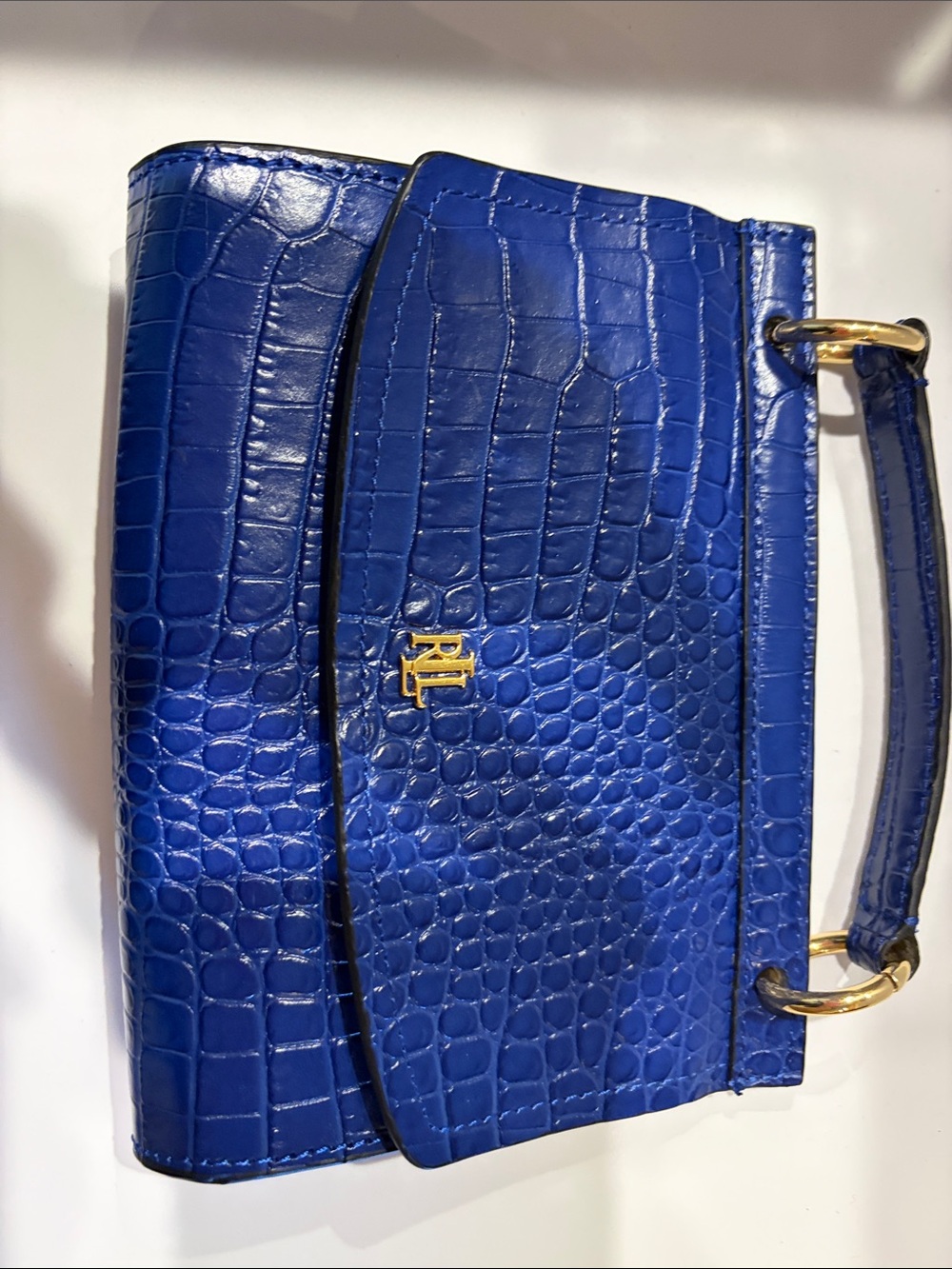 Ralph Lauren Croc-Embossed Mini Top Handle Bag in Blue with Gold Hardware